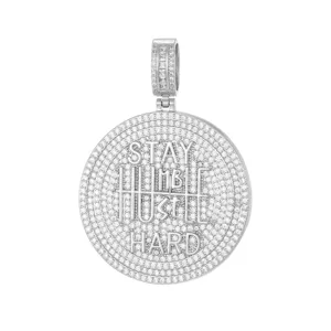Detailed macro view of the Iced-out Stay Humble Hustle Hard hip hop pendant charm.