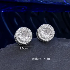 Detailed macro view showing the 1.0cm diameter and micro-paved zircon of the silver stud.