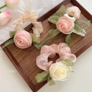 Korean Style Large Rose Flower Scrunchie Ethereal Fabric Hair Tie Pink Beige Flower Hair Claw Clip Bow Floral Hair Accessories For Women