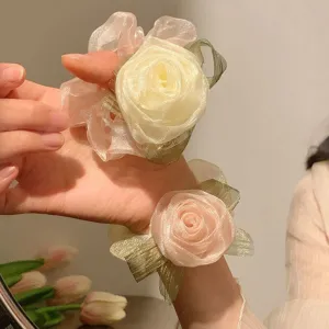 Elegant rose flower organza scrunchies in cream and pink for gentle hair styling