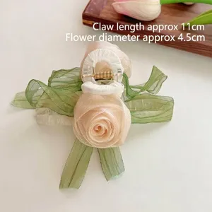 Elegant large cream rose flower hair claw clip with green fairy mesh ribbon bow accessory