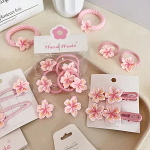 Cute pink cherry blossom hair clip and elastic tie set for girls and women