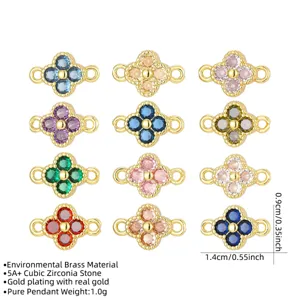 Zirconia Four Leaf Clover Double Loop Connector DIY Jewelry Making Copper Gold Plated Charms For Bracelet Necklace Pendant