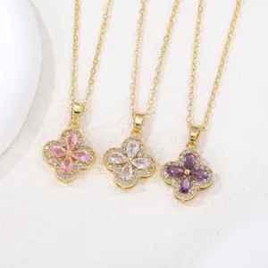 Mode Messing Vierblättriges Kleeblatt Zirkonia Anhänger Zubehör Für Damen Gold Silber Plattiert Glücksklee Halskette Zubehör Hochwertiger Eingelegter Schmuck