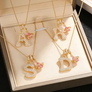 Copper Zirconia Initial Letter Pendant Necklace Heart Planet Saturn Charm Box Chain For Women Girls Fashion Jewelry Gift
