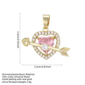 Detail of pink heart pendant with golden Cupid's arrow and cubic zirconia stones