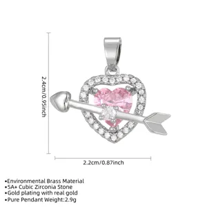 Pink heart-shaped pendant with Cupid's arrow and cubic zirconia in white gold finish