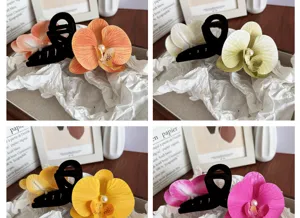 Grande pince à cheveux orchidée 3D avec centre en perle blanche, style élégant