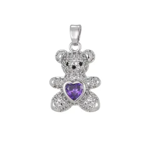 Detailed view of micro-pave CZ teddy bear pendant with purple heart stone ornament