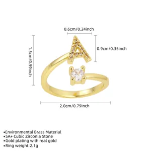 Dimensions détaillées et spécifications pour bague dorée avec lettre A en cristal