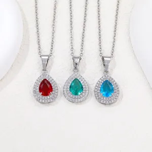 Water Drop Zirconia Pendant Stainless Steel Necklace For Women Elegant Pear Shaped Copper Inlaid Cubic Zirconia Jewelry