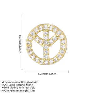 Detail view of gold-plated cubic zirconia peace sign pendant with 1.2cm size measurements.