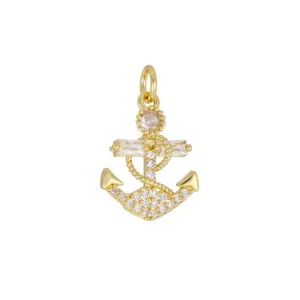 18K gold plated nautical anchor pendant charm with shimmering zircon inlay detail