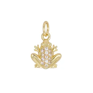 Close-up of a mini 18K gold plated frog charm inlaid with sparkling cubic zirconia