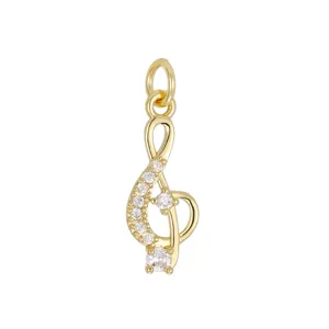 Gold-plated music treble clef pendant with sparkling zirconia inlay for DIY jewelry