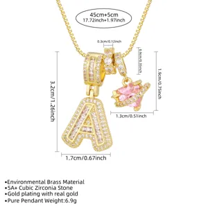 Détails des dimensions du collier lettre A plaqué or 18 carats avec zircon cœur rose