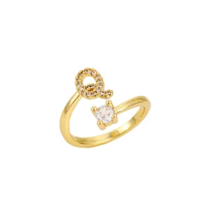 Vue détaillée d'une bague ajustable dorée minimaliste avec le design de l'initiale Q