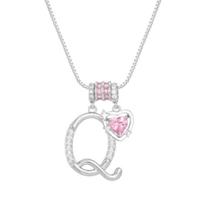 Elegante silberne Halskette mit rosa Herz-Zirkonia-Anhänger und dem Buchstaben Q