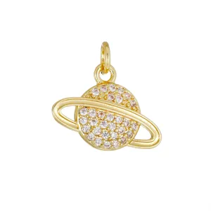18K gold plated Saturn planet pendant with cubic zirconia for DIY jewelry making.