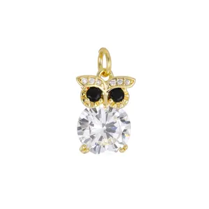 18K gold plated copper owl charm pendant with sparkling cubic zirconia for DIY jewelry making