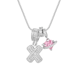 Collier élégant en argent avec cœur rose et pendentif lettre X à cristaux