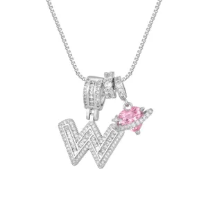 Collier argent lettre W avec pendentif coeur rose et pierres de zircone brillant