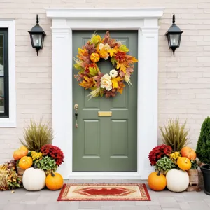 Vibrant autumn wreath with pumpkins and eucalyptus leaves on a green front door