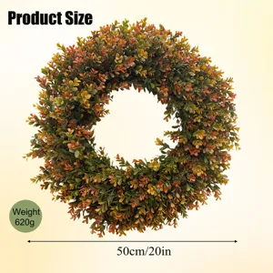 Autumn artificial boxwood wreath detail showing 50cm diameter and 620g weight.