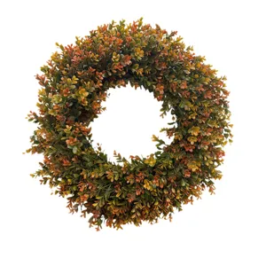 Autumn artificial boxwood wreath with orange and green leaves for front door decor