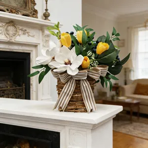 Farmhouse artificial flower basket with white magnolias and yellow tulips on a mantel
