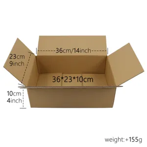 Cardboard shipping box with detailed 36x23x10cm dimensions and 155g weight specification