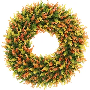 Artificial boxwood wreath with green and orange eucalyptus leaves for front door decor