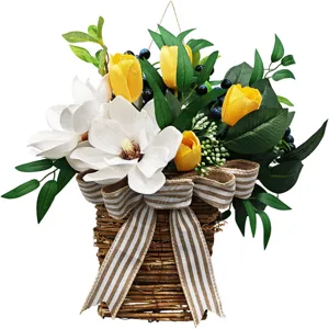 Spring front door basket with artificial white magnolia and yellow tulip decor
