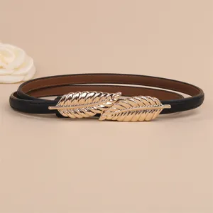 Genuine Leather Skinny Belt For Women Elegant Leaf Metal Buckle Dress Coat Suit Waist Belt Fashion Ladies Accessories