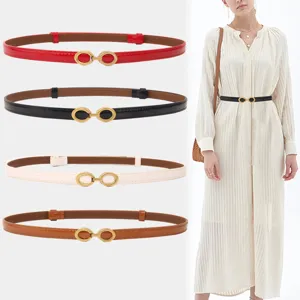 Women's Thin Genuine Leather Belt Simple Patent Leather Waist Belt With Metal Double Ring Buckle For Dresses Jeans