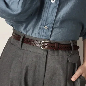 Women's Genuine Leather Belt Vintage Casual Hollow Out Thin Waist Belt Metal Pin Buckle Dress Pants Decorative Belt