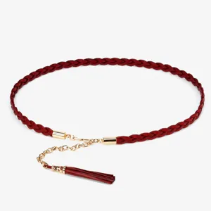 Genuine Cowhide Leather Waist Chain Women Skirt Dress Suit Coat Thin Belt Woven Metal Chain Tassel Fashion Waistband