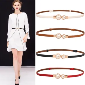 Women Elegant Slim Pearl Decorative Belt Korean Style Thin Leather Cowhide Waist Belt For Dresses Shirts