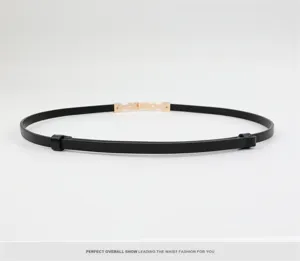 Adjustable genuine leather thin belt for women, retro black waist strap with gold metal buckle.