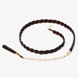 Brown genuine leather braided waist chain with tassel and metal link for women dress coat.