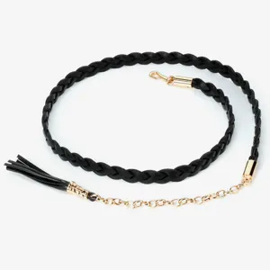 Black braided leather waist chain with gold hook tassel, elegant belt for dress coat.