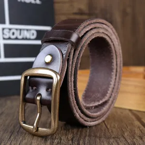 Men's genuine leather belt detail, vintage pin buckle cowhide strap, retro handmade.