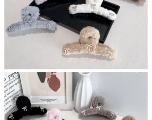 Detailed view of large plush hair claws featuring sweet bow designs in various soft colors