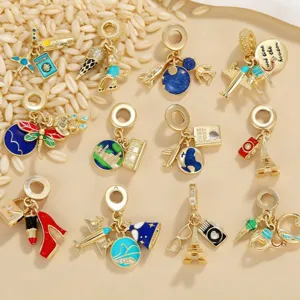 Travel Theme Copper Enamel Pendant Necklace 18K Gold Plated Rhinestone Airplane Astronaut Camera Eiffel Tower DIY Jewelry Accessory For Women