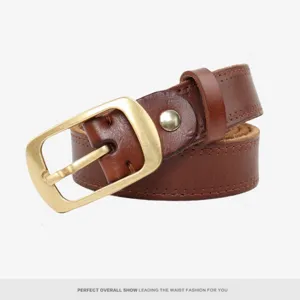 Women genuine leather retro belt with metal buckle, versatile casual trouser strap.