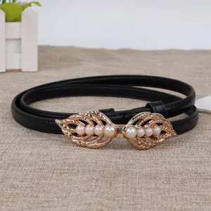 Women Thin Leather Belt Sweet Style Cowhide Belt With Gold Alloy Leaf Artificial Pearl Buckle Fashion Waistband For Ladies