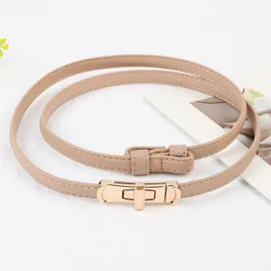 Details of adjustable women thin leather belt with stylish golden lock buckle for dresses.