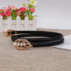 Korean style thin black leather belt with exquisite gold pearl leaf buckle for women fashion.