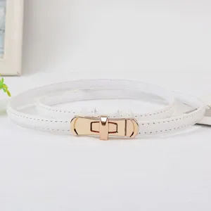 White thin leather belt with a shiny gold metal lock buckle, elegant dress accessory detail.
