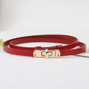 Close-up van rode smalle lederen riem met gouden roterende gesp detail voor jurken.